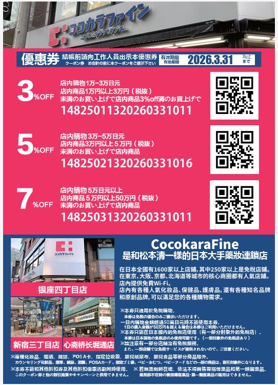COCOKARA FINE優惠券｜日本藥妝連鎖店 最高10%免稅＋7%折扣 Coupon/折價券/折扣券
